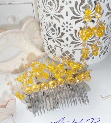 Гребен-украса за коса с жълти кристали и обици- Absoluterose