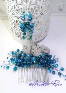 Гребенче-украса за коса с тюркоазени кристали в комплект с обици- AbsoluteRose